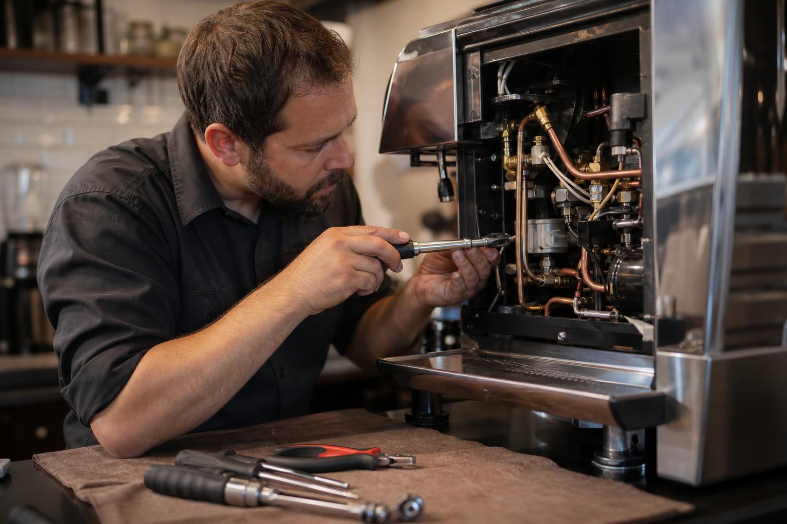Servicetechniker wartet einen geöffneten Kaffeevollautomaten mit Werkzeug