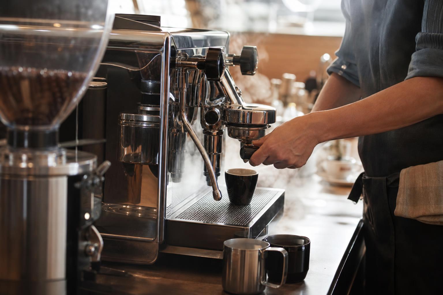 Siebträgermaschine hinter der Theke, aus der Espresso in zwei Tassen läuft