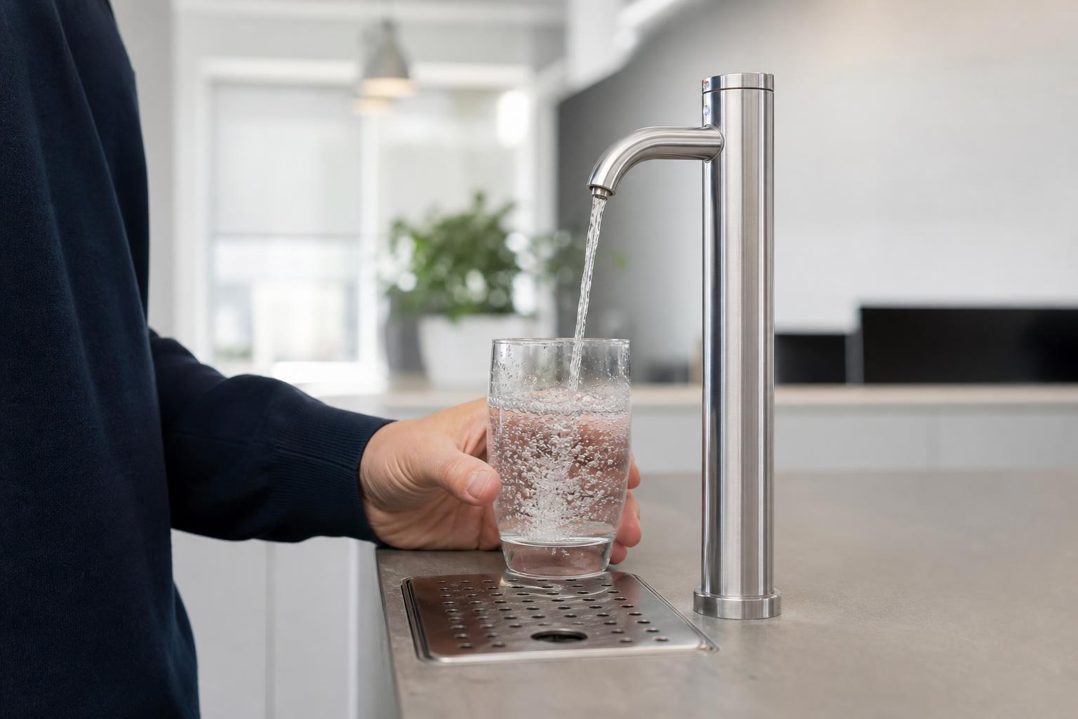Leitungsgebundener Wasserspender im Büro, der ein Glas mit gekühltem Wasser füllt